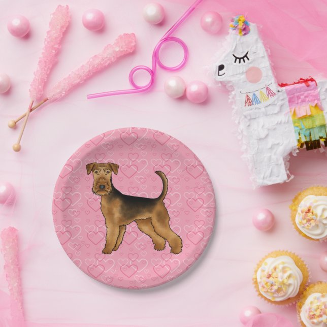 Airedale Terrier Dog Love With Pink Heart Pattern Paper Plates (Party)