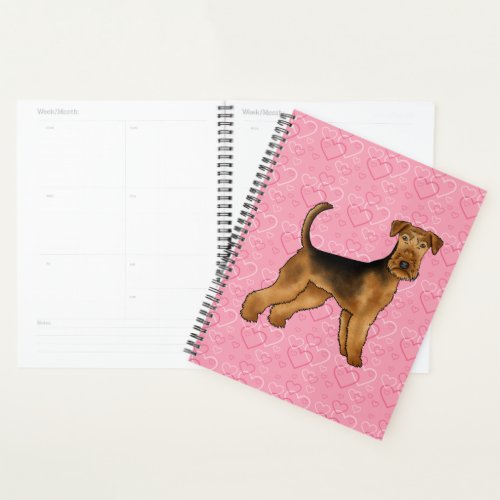Airedale Terrier Dog Love With Pink Heart Pattern Planner