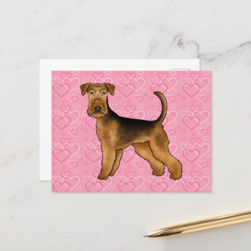 Airedale Terrier Dog Love With Pink Heart Pattern Postcard