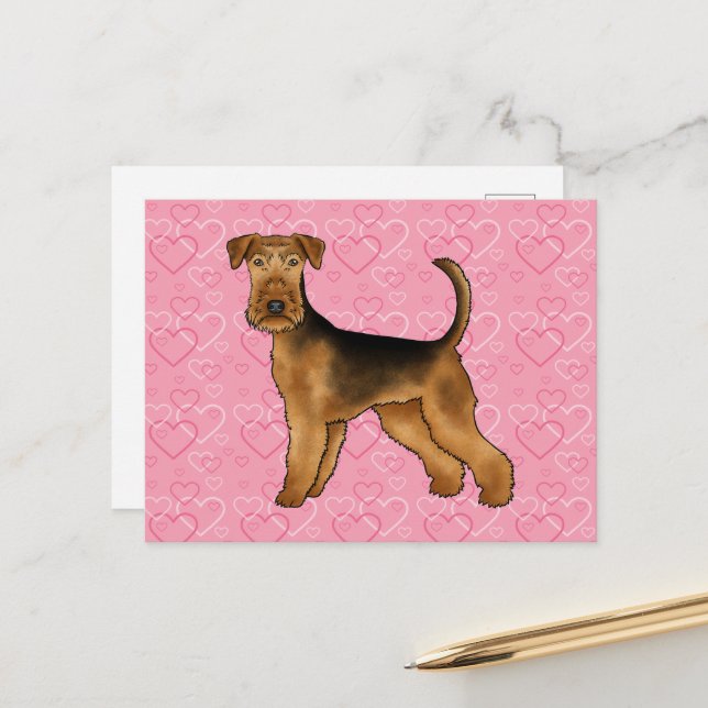 Airedale Terrier Dog Love With Pink Heart Pattern Postcard (Front/Back In Situ)