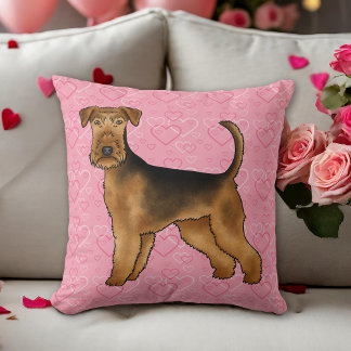 Airedale Terrier Dog Love With Pink Heart Pattern Throw Pillow