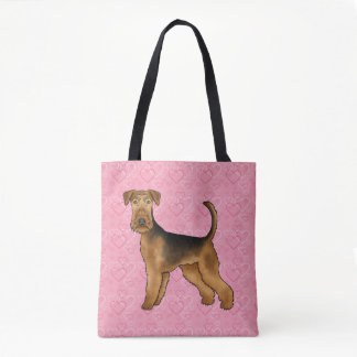 Airedale Terrier Dog Love With Pink Heart Pattern Tote Bag