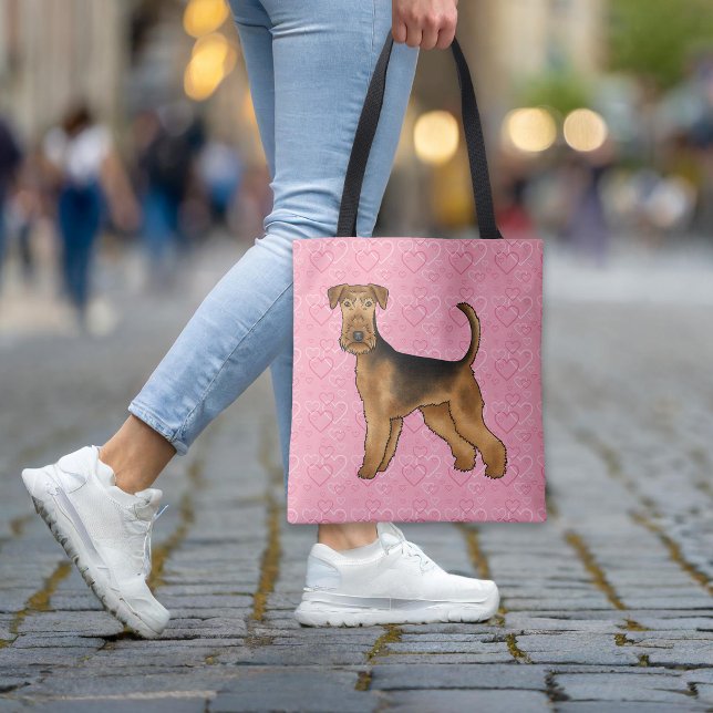 Airedale Terrier Dog Love With Pink Heart Pattern Tote Bag (Please note: This image is a digital mockup. The product may not be in scale.)