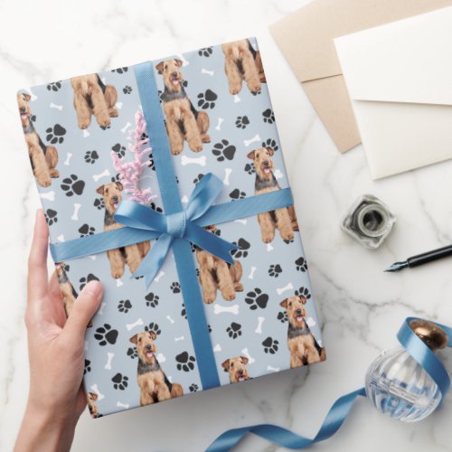 Airedale Terrier Dog Paw Print Pattern Wrapping Paper