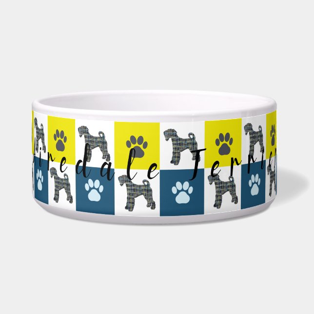 Airedale Terrier Dog & Paw Yellow & Blue Grid Bowl (Front)