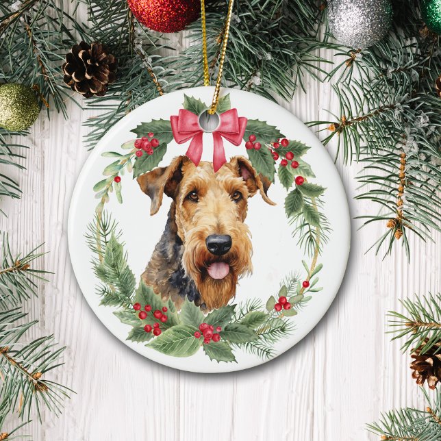 Airedale Terrier Dog Red Bow Holly Wreath Ceramic Ornament (Creator Uploaded)