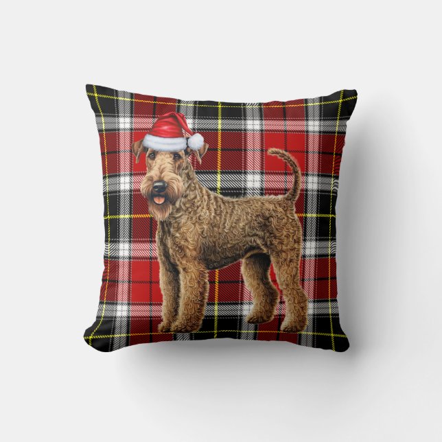 Airedale Terrier Dog Red Plaid Christmas Holiday Throw Pillow (Front)