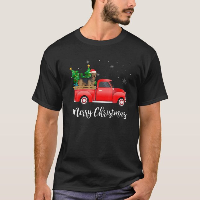 Airedale Terrier Dog Riding Red Truck Christmas T-Shirt (Front)