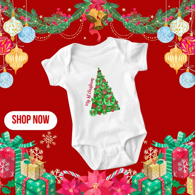 Airedale Terrier Dog Silhouette Christmas Tree Red Baby Bodysuit (Creator Uploaded)