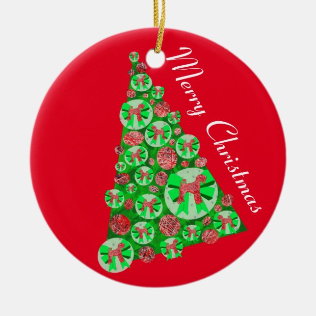 Airedale Terrier Dog Silhouette Christmas Tree Red Ceramic Ornament (Front)