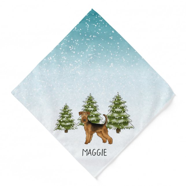 Airedale Terrier Dog Snowy Winter Forest And Name Bandana (Front)