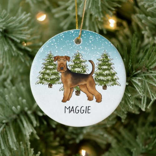 Airedale Terrier Dog Snowy Winter Forest And Name Ceramic Ornament