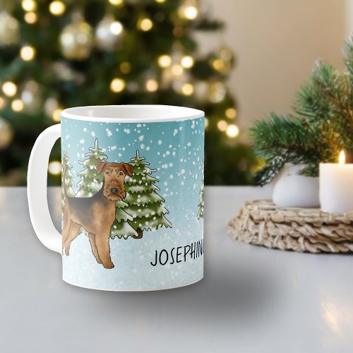 Airedale Terrier Dog Snowy Winter Forest And Name Coffee Mug