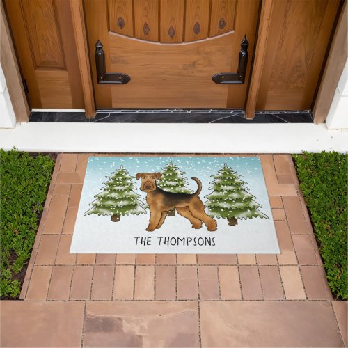 Airedale Terrier Dog Snowy Winter Forest And Name Doormat