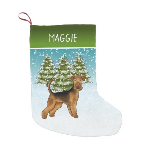 Airedale Terrier Dog Snowy Winter Forest And Name Small Christmas Stocking
