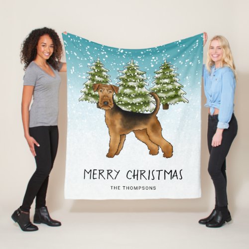 Airedale Terrier Dog Snowy Winter Forest And Text Fleece Blanket