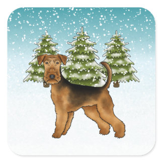 Airedale Terrier Dog Snowy Winter Forest Festive Square Sticker