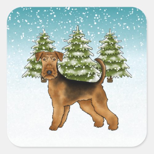 Airedale Terrier Dog Snowy Winter Forest Festive Square Sticker