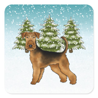 Airedale Terrier Dog Snowy Winter Forest Festive Square Sticker
