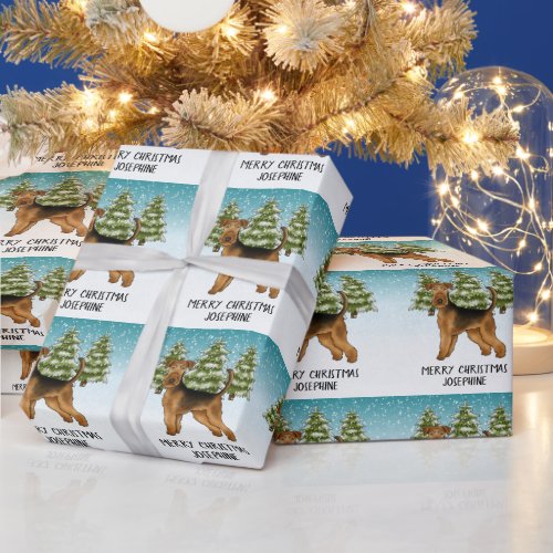 Airedale Terrier Dog Snowy Winter Forest Festive Wrapping Paper