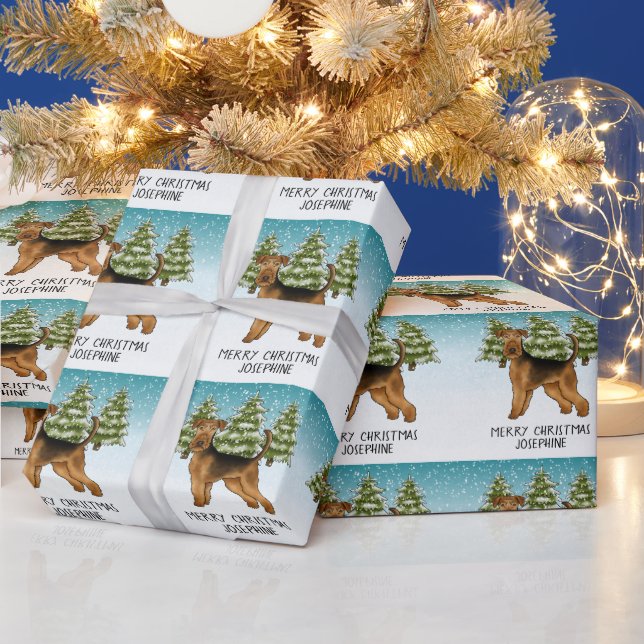 Airedale Terrier Dog Snowy Winter Forest Festive Wrapping Paper (Holidays)