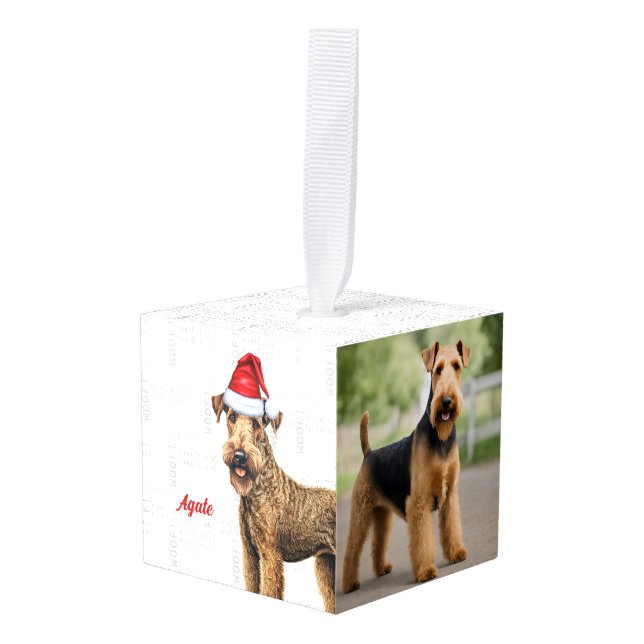 Airedale Terrier Dog Two Photo Christmas Holiday Cube Ornament (Front Angled)
