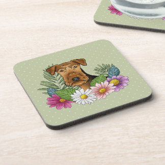 Airedale Terrier Dog With Colorful Flowers Green Beverage Coaster