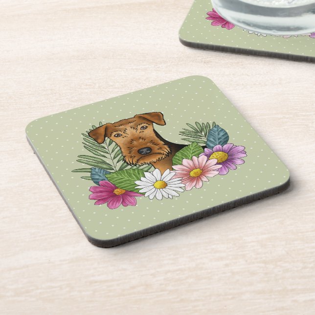 Airedale Terrier Dog With Colorful Flowers Green Beverage Coaster (Left Side)