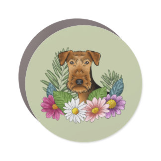 Airedale Terrier Dog With Colorful Flowers Green Car Magnet