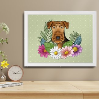 Airedale Terrier Dog With Colorful Flowers Green Framed Art