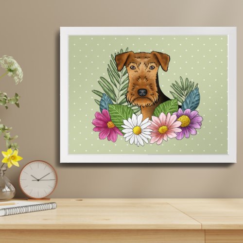 Airedale Terrier Dog With Colorful Flowers Green Framed Art