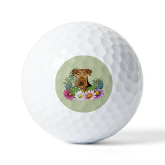 Airedale Terrier Dog With Colorful Flowers Green Golf Balls