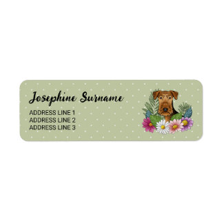 Airedale Terrier Dog With Colorful Flowers Green Label