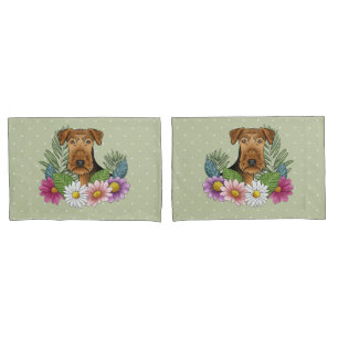 Airedale Terrier Dog With Colorful Flowers Green Pillow Case