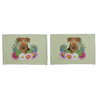 Airedale Terrier Dog With Colorful Flowers Green Pillow Case