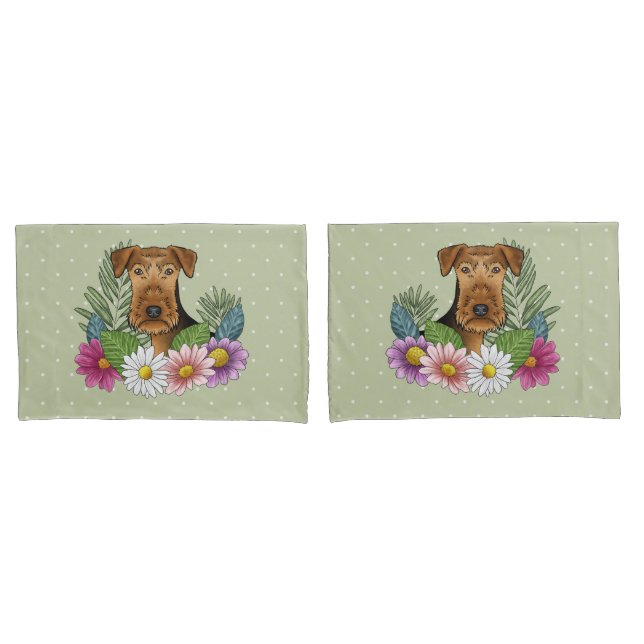 Airedale Terrier Dog With Colorful Flowers Green Pillow Case (Front-Set)