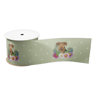 Airedale Terrier Dog With Colorful Flowers Green Satin Ribbon