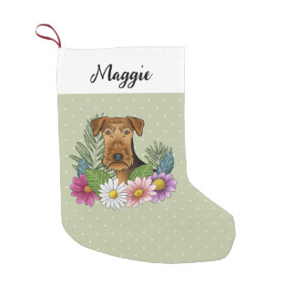 Airedale Terrier Dog With Colorful Flowers Green Small Christmas Stocking