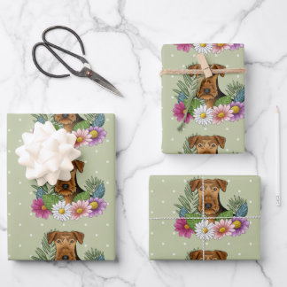 Airedale Terrier Dog With Colorful Flowers Green Wrapping Paper Sheets