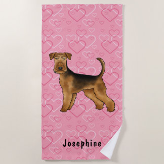 Airedale Terrier Dog With Pink Hearts And Name Beach Towel