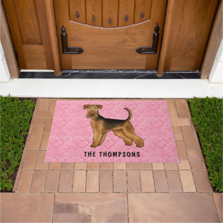 Airedale Terrier Dog With Pink Hearts And Name Doormat