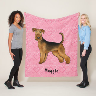 Airedale Terrier Dog With Pink Hearts And Name Fleece Blanket