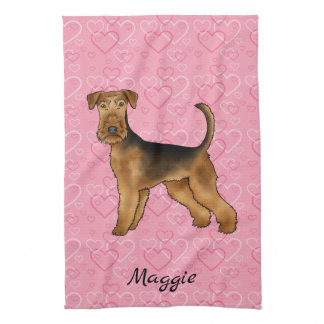 Airedale Terrier Dog With Pink Hearts And Name Kitchen Towel