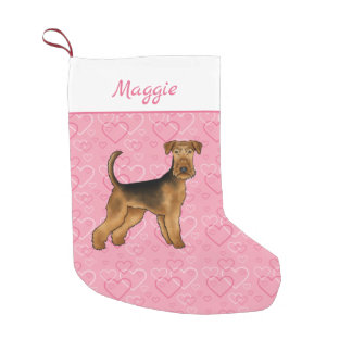 Airedale Terrier Dog With Pink Hearts And Name Small Christmas Stocking