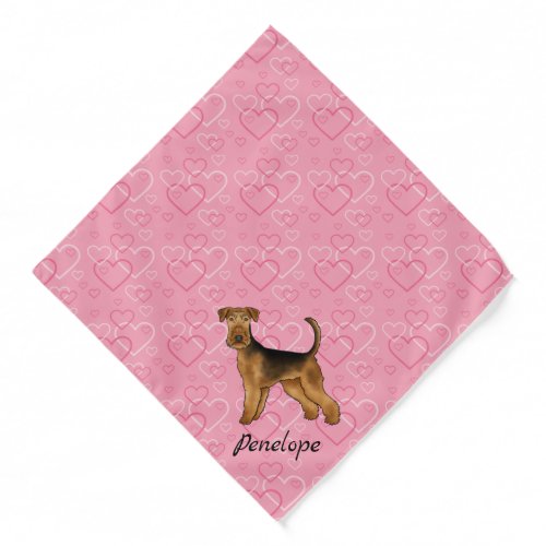 Airedale Terrier Dog With Pink Hearts And Pet Name Bandana