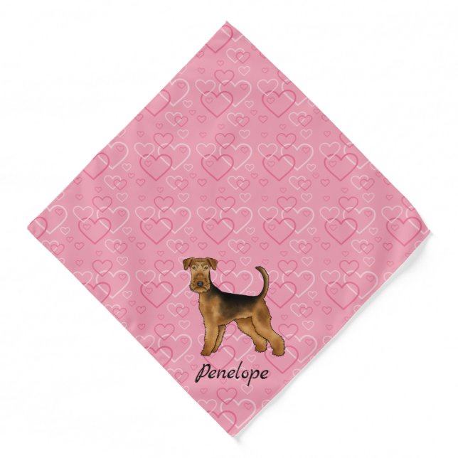 Airedale Terrier Dog With Pink Hearts And Pet Name Bandana (Front)