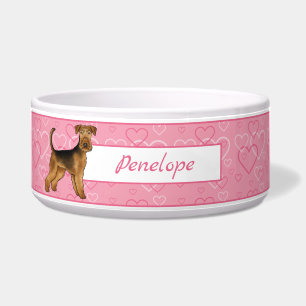 Airedale Terrier Dog With Pink Hearts And Pet Name Bowl