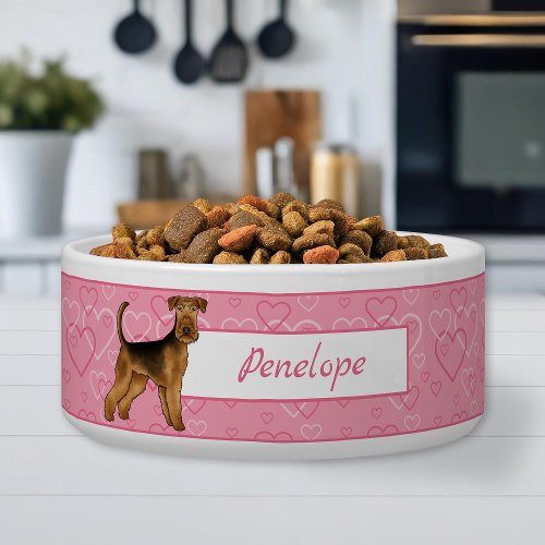 Airedale Terrier Dog With Pink Hearts And Pet Name Bowl