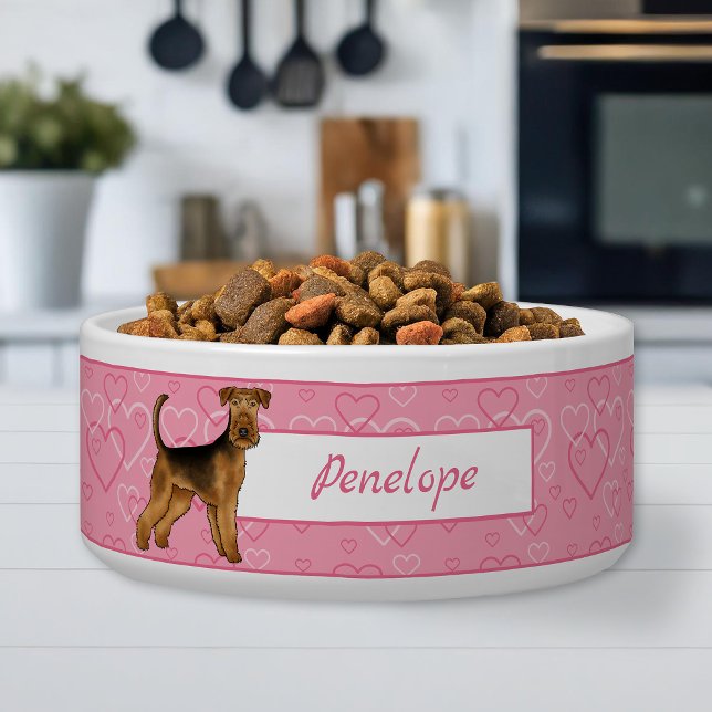 Airedale Terrier Dog With Pink Hearts And Pet Name Bowl (Please note: This image is a digital mockup. The product may not be in scale.)