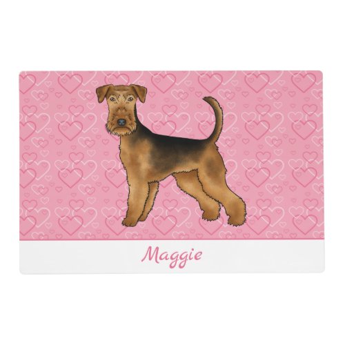 Airedale Terrier Dog With Pink Hearts And Pet Name Placemat
